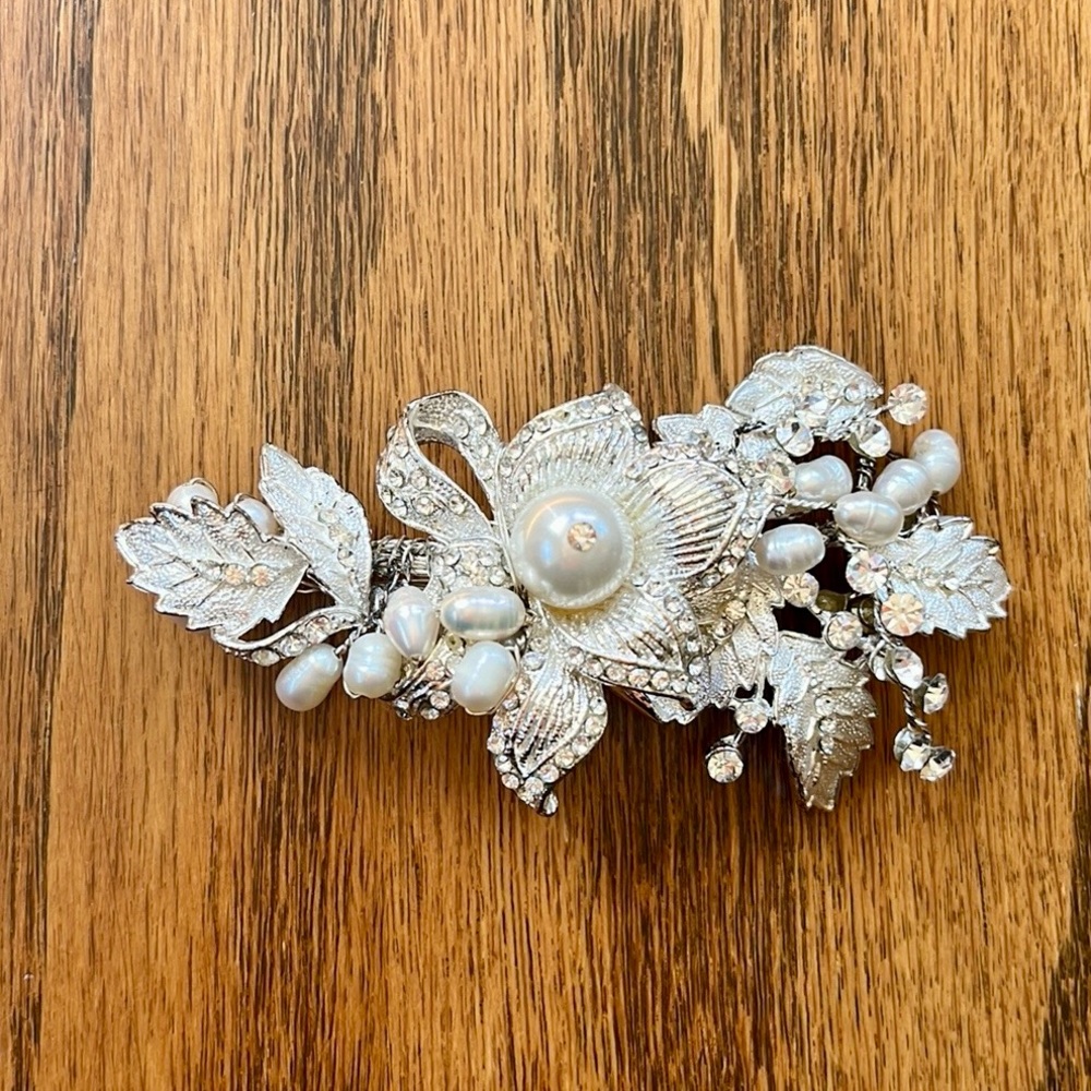 Bridal Hairpiece Silver Rhinestones and Pearls